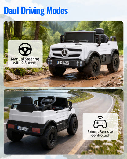 12V Mercedes-Benz Unimog Ride-On Car for Kids | Remote Control, LED Lights, Music Player & Safety Belt – Perfect Gift for Ages 3–4