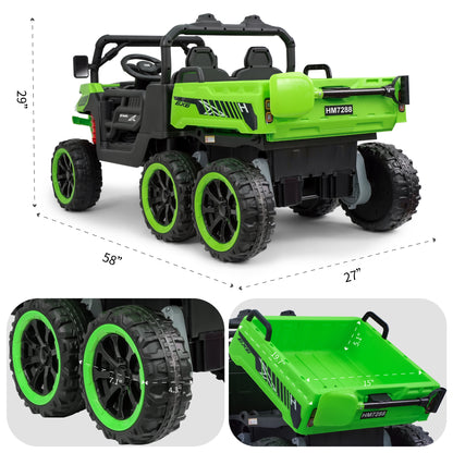 Product dimensions for Heimili 24V 2-seater kids electric dump truck, measuring 58 inches in length, 27 inches in width, and 29 inches in height.