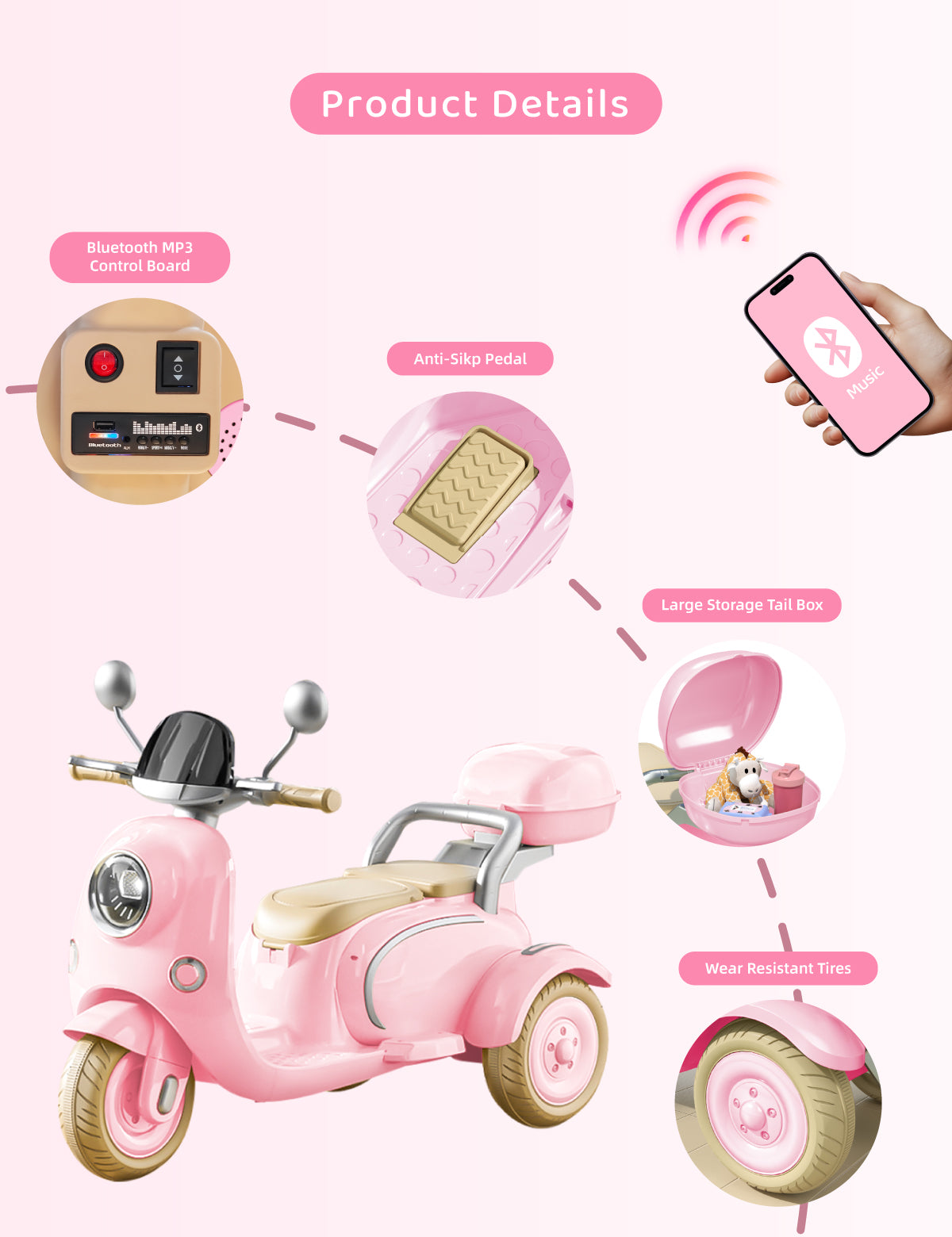 Ride On Motorcycle 3-Wheel Battery Powered Electric Motorbike w/ Remote Control