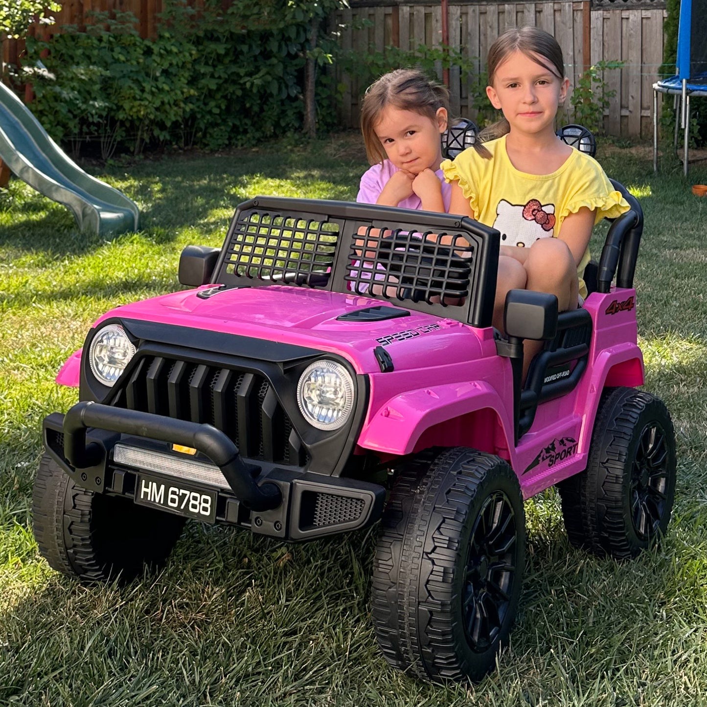 Pink HEIMILI HM-6788 24V 4WD kids electric jeep with two-seater design, 2.5 hours of playtime, and Bluetooth connectivity. Features built-in music, LED headlights, and 2.4G parental remote control for off-road fun.