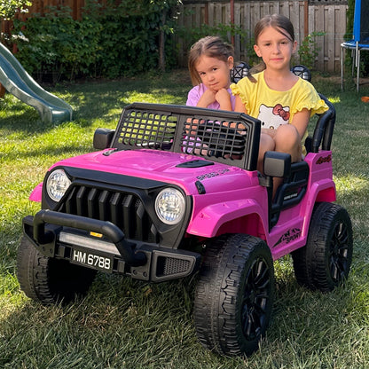 Pink HEIMILI HM-6788 24V 4WD kids electric jeep with two-seater design, 2.5 hours of playtime, and Bluetooth connectivity. Features built-in music, LED headlights, and 2.4G parental remote control for off-road fun.