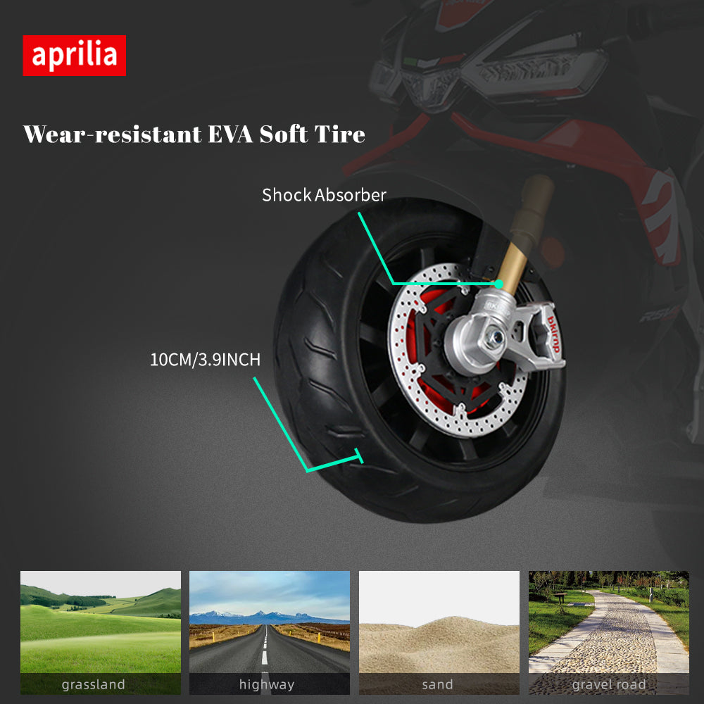 Close-up of Aprilia RSV4 kids bike features including 10cm wear-resistant EVA soft tire and front shock absorber.