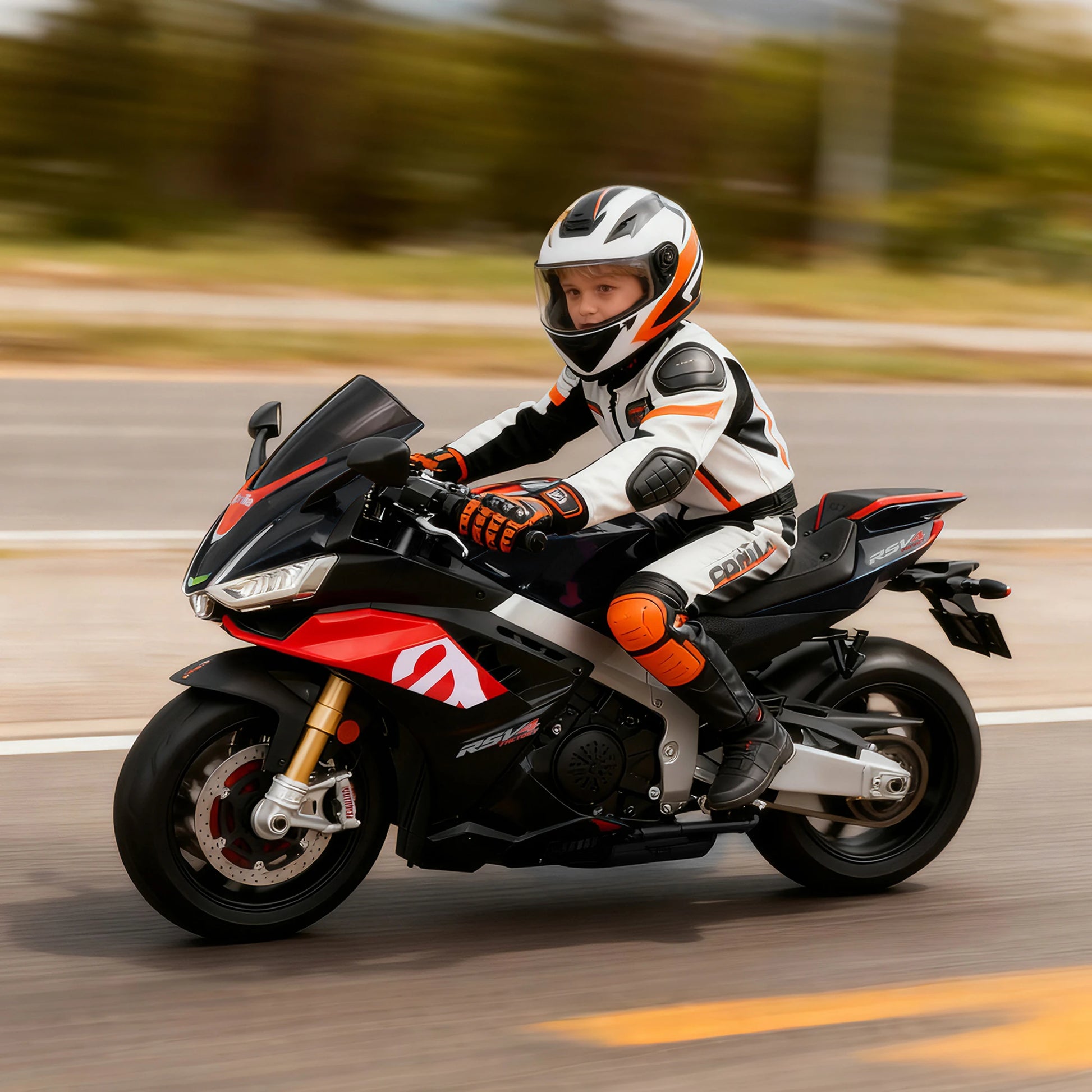 Main cover of Aprilia RSV4 licensed 24V kids motorcycle in red and blue, featuring 12MPH high speed, training wheels, and professional racing aesthetics.