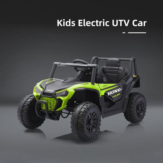 Heimili 12V electric UTV for kids in bright lime green, featuring all-terrain wear-resistant wheels and a sturdy off-road design, perfect for toddlers aged 1-5 to explore the backyard.