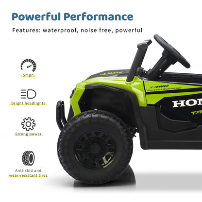 Detailed side view of the lime green Heimili 12V UTV, highlighting its powerful performance features: a top speed of 5mph, bright LED headlights, and anti-skid, wear-resistant tires for a safe and quiet ride.