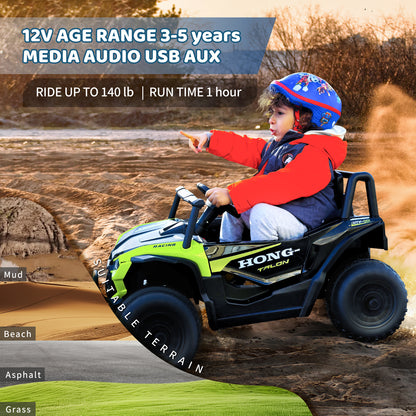 A performance showcase of the Heimili 12V kids UTV, highlighting its suitability for various terrains like grass, beach, and mud. Features include a 140 lb weight capacity, 1-hour run time, and built-in USB/AUX media audio for children aged 3-5.