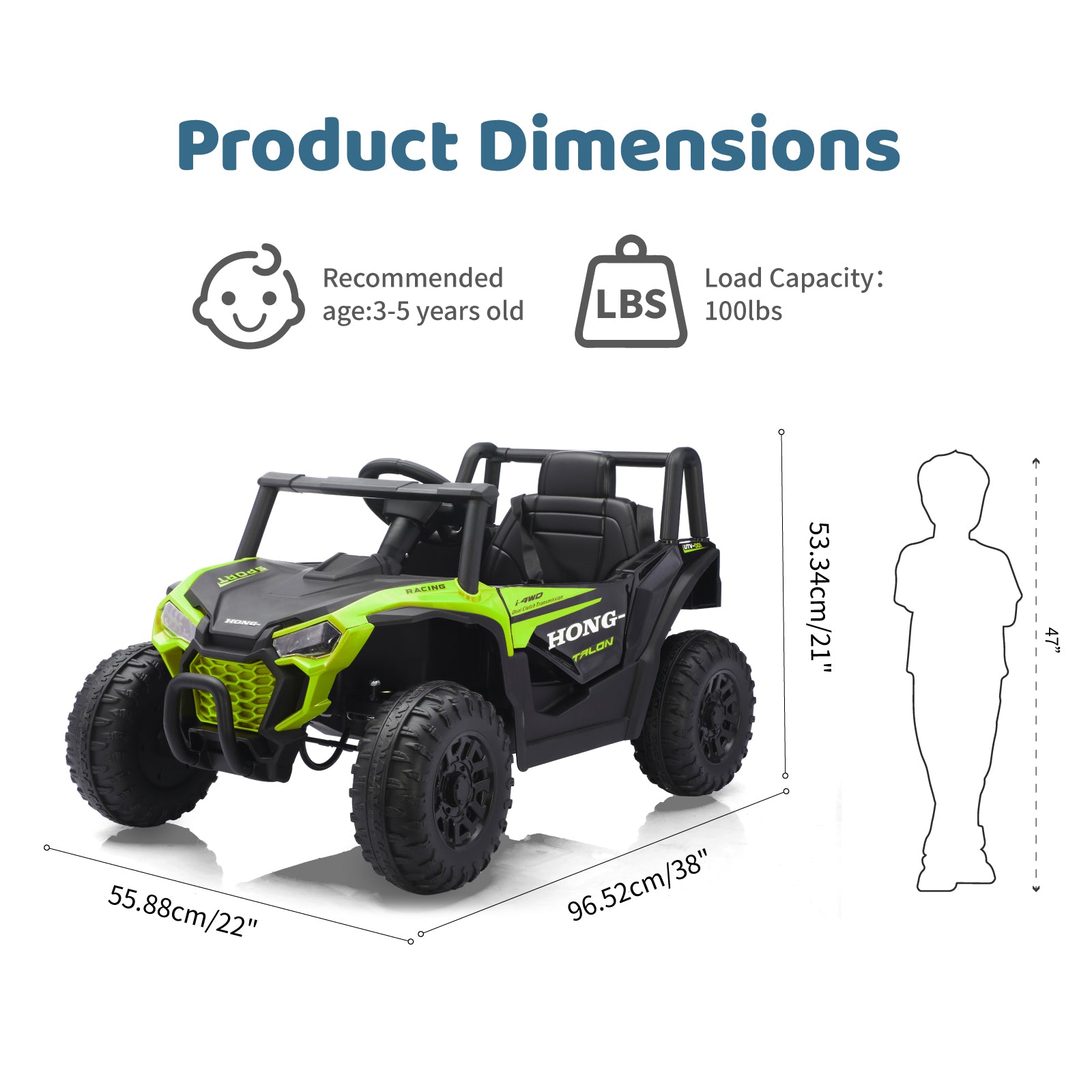 Product dimensions for the Heimili 12V UTV: 38 inches long, 22 inches wide, and 21 inches high. Recommended for kids aged 3-5 years old with a maximum load capacity of 100 lbs.