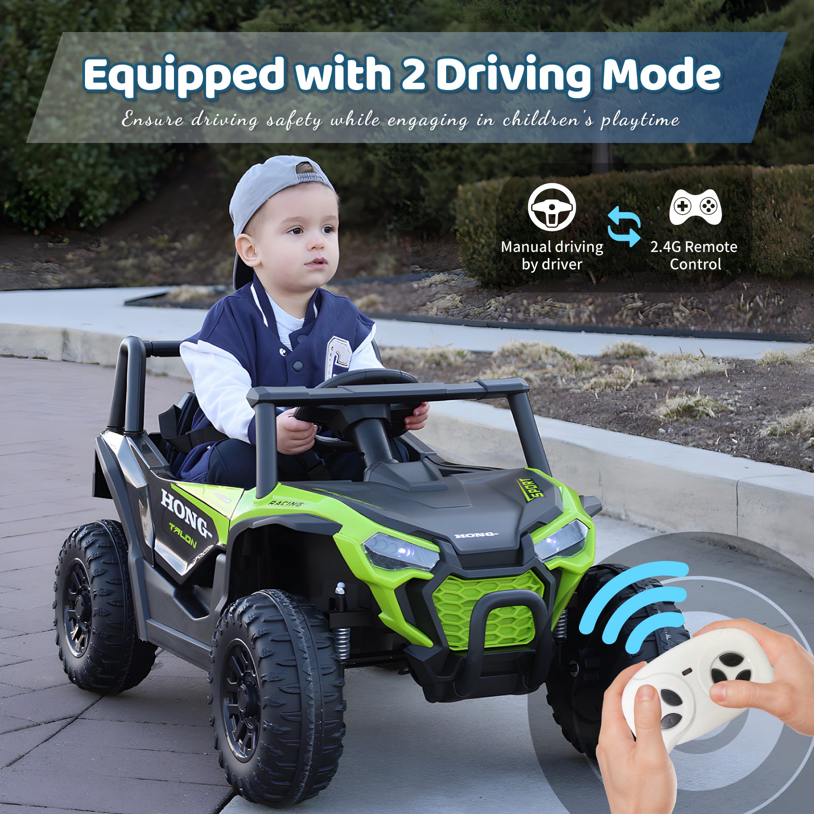 A young boy enjoying a ride in the lime green Heimili 12V UTV, featuring dual driving modes: manual steering by the child and a 2.4G parental remote control for added safety and supervision.