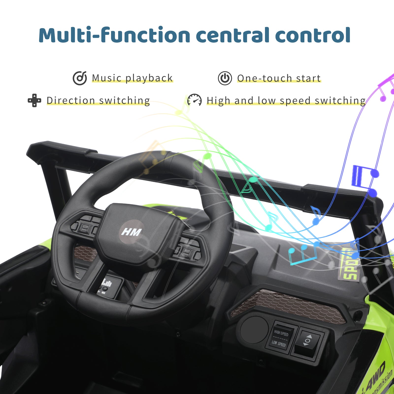 Interior view of the Heimili 12V UTV dashboard, featuring a multi-function central control with one-touch start, music playback, direction switching, and high/low speed toggles for an interactive driving experience.