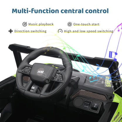 Interior view of the Heimili 12V UTV dashboard, featuring a multi-function central control with one-touch start, music playback, direction switching, and high/low speed toggles for an interactive driving experience.