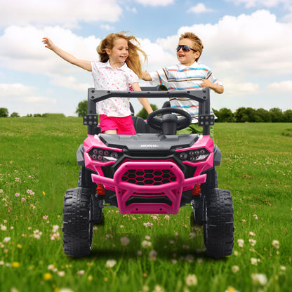 Two happy children playing in a pink HEIMILI 2-seater ride-on truck on a green grassy field, showcasing the powerful off-road performance, bright LED lights, and shared driving fun for siblings.