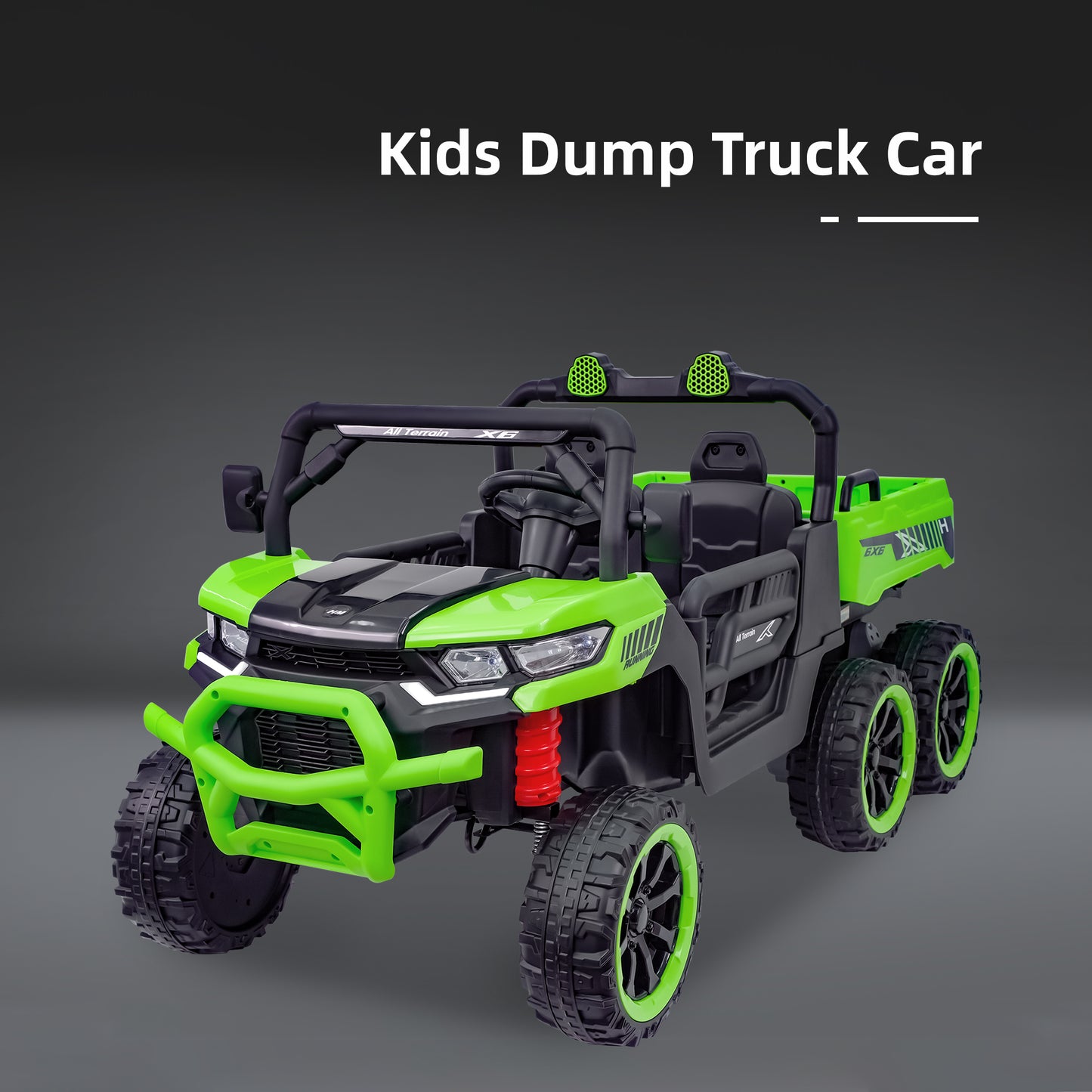 Heimili 24V 2-seater kids electric ride-on dump truck with orange body, 6-wheel design, and large cargo bed for toddlers.