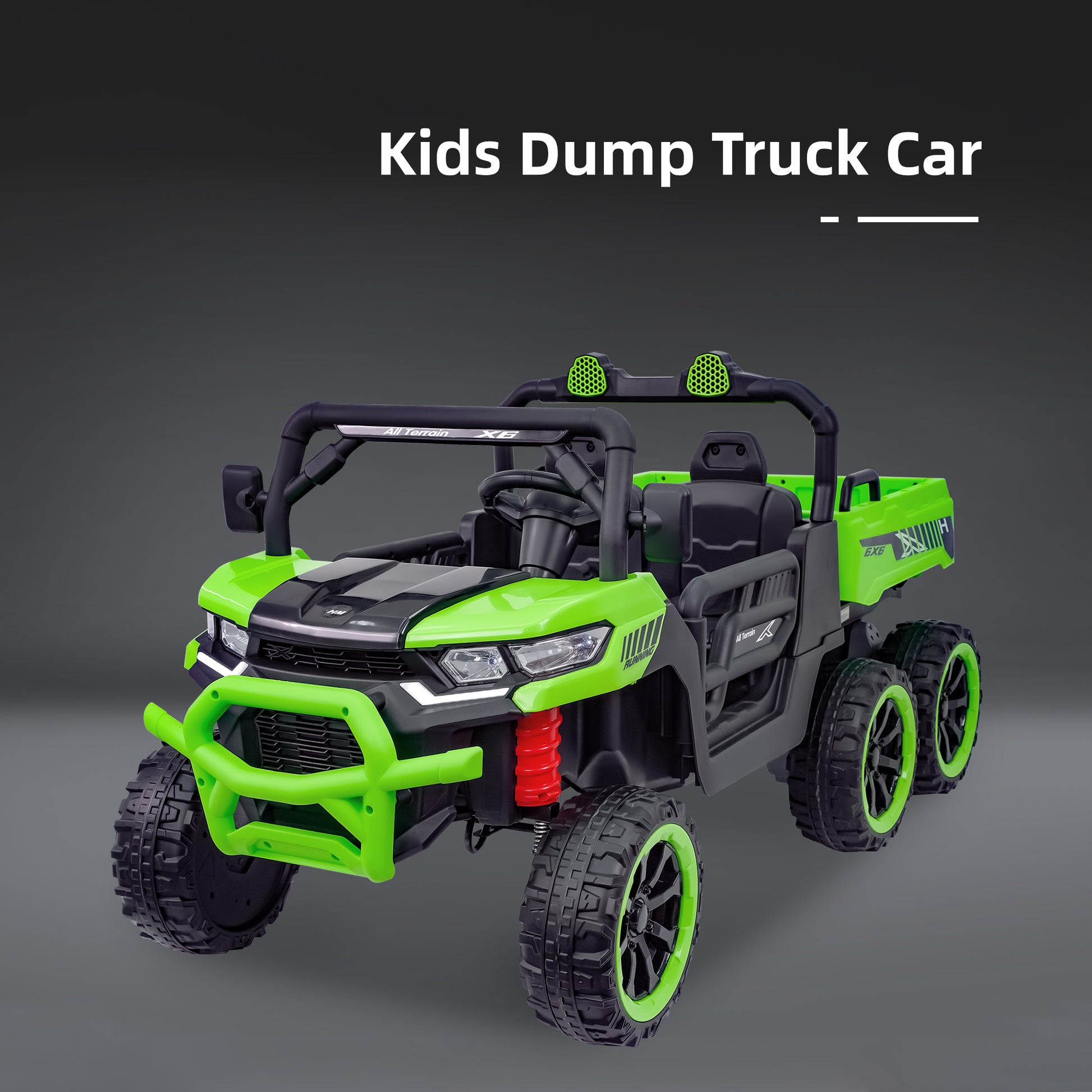 Heimili 24V 2-seater kids electric ride-on dump truck with orange body, 6-wheel design, and large cargo bed for toddlers.