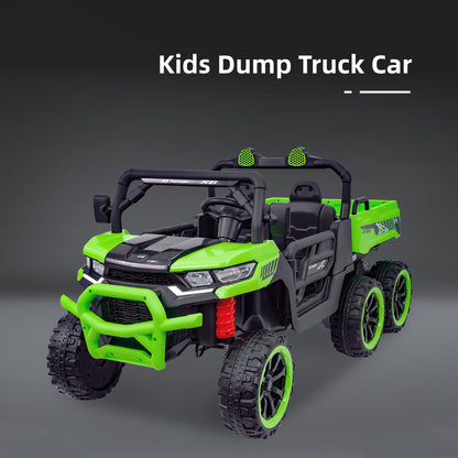 Heimili 24V 2-seater kids electric ride-on dump truck with orange body, 6-wheel design, and large cargo bed for toddlers.