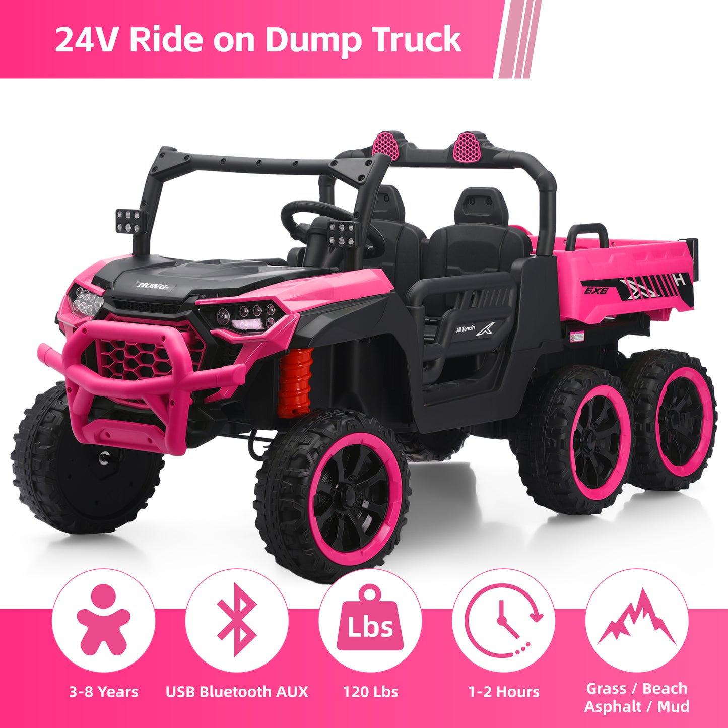 Pink HEIMILI 24V 6-wheel ride-on dump truck for kids ages 3-8, featuring Bluetooth music, 120 lbs weight capacity, and 6x6 traction for grass, beach, and mud.