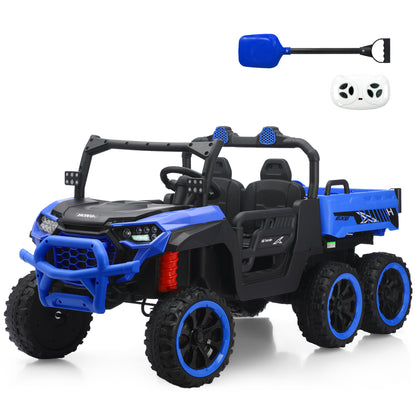 blue HEIMILI 24V 6-wheel ride-on dump truck for kids, shown with included 2.4G parental remote control and toy shovel accessory for realistic construction and sand play.
