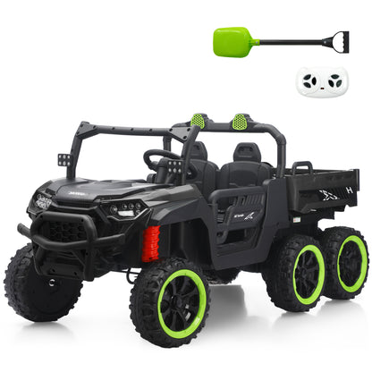 green HEIMILI 24V 6-wheel ride-on dump truck for kids, shown with included 2.4G parental remote control and toy shovel accessory for realistic construction and sand play.