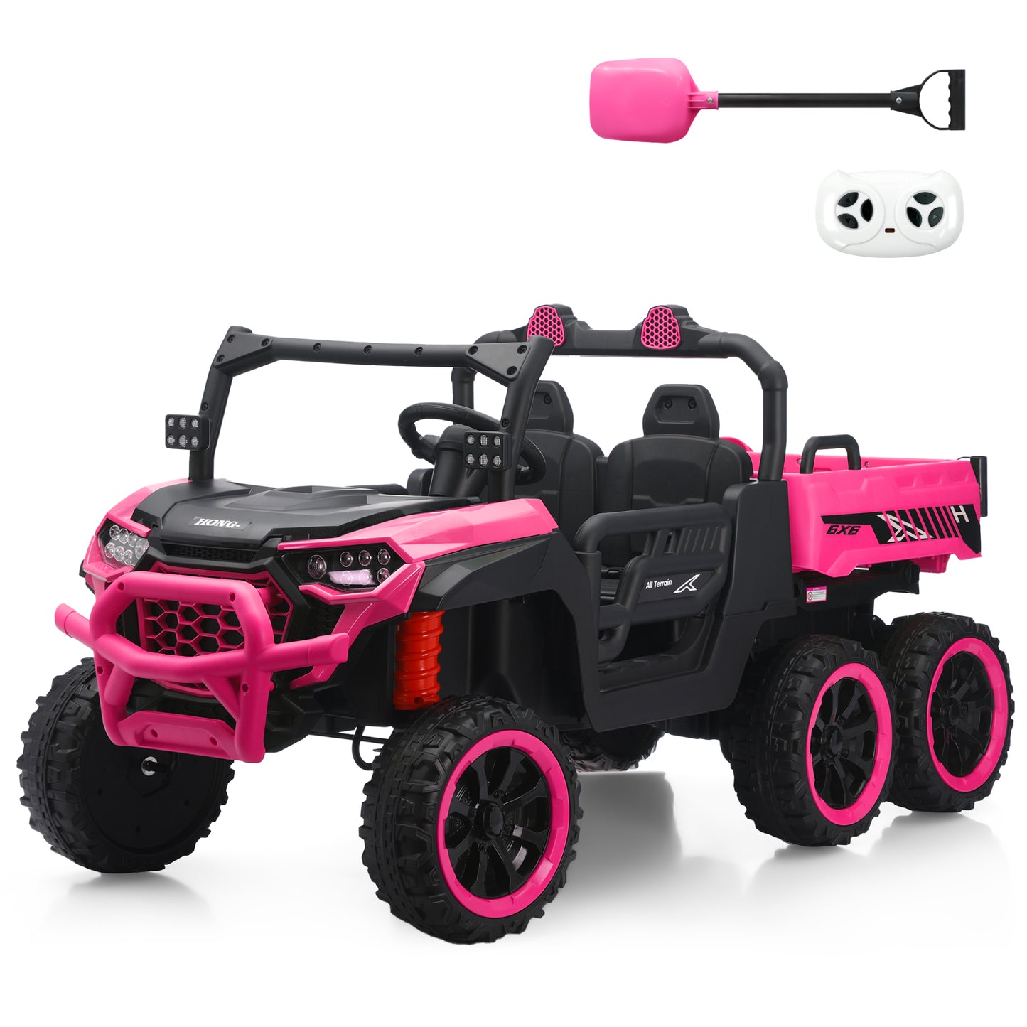 Pink HEIMILI 24V 6-wheel ride-on dump truck for kids, shown with included 2.4G parental remote control and toy shovel accessory for realistic construction and sand play.