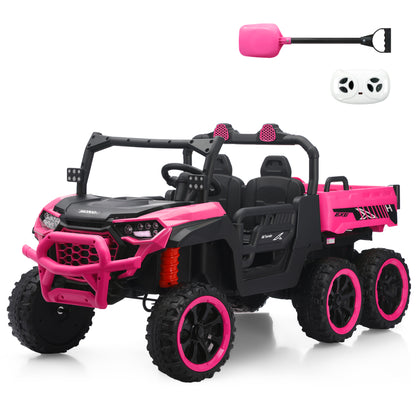 Pink HEIMILI 24V 6-wheel ride-on dump truck for kids, shown with included 2.4G parental remote control and toy shovel accessory for realistic construction and sand play.