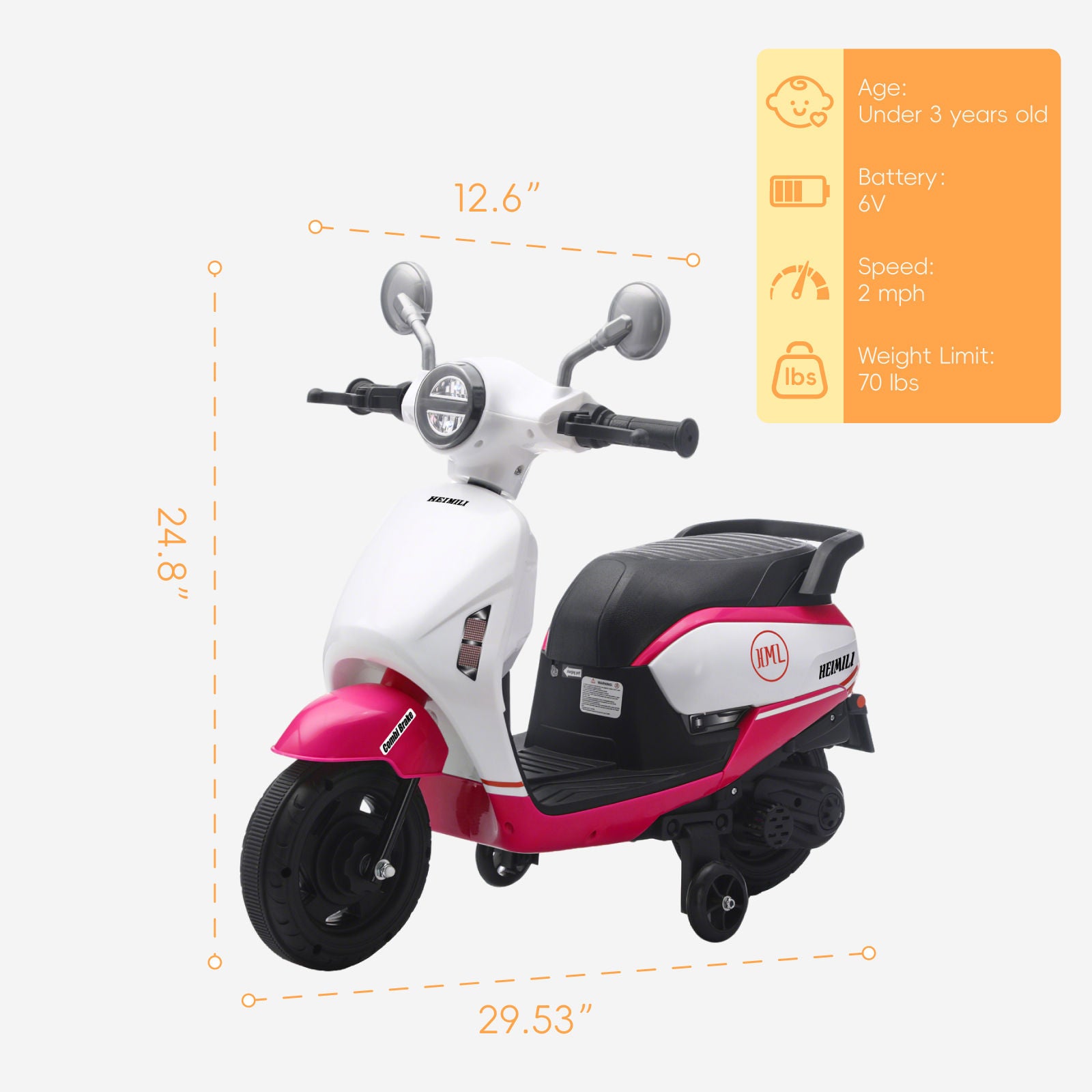 Size dimensions and specifications of Heimili 6V kids motorcycle showing weight limit and speed