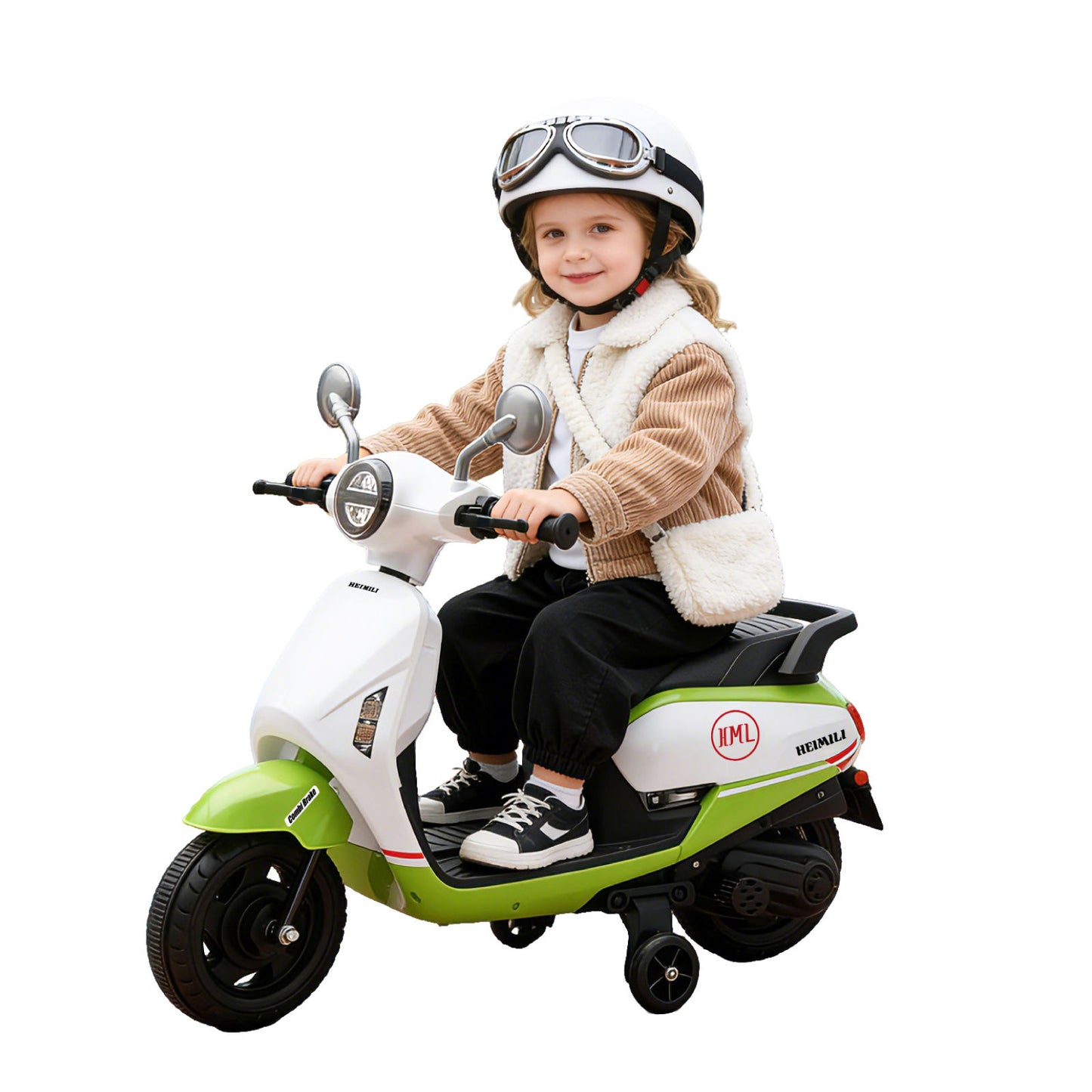 Heimili green 6V battery powered electric moped with stable training wheels for girls and boys