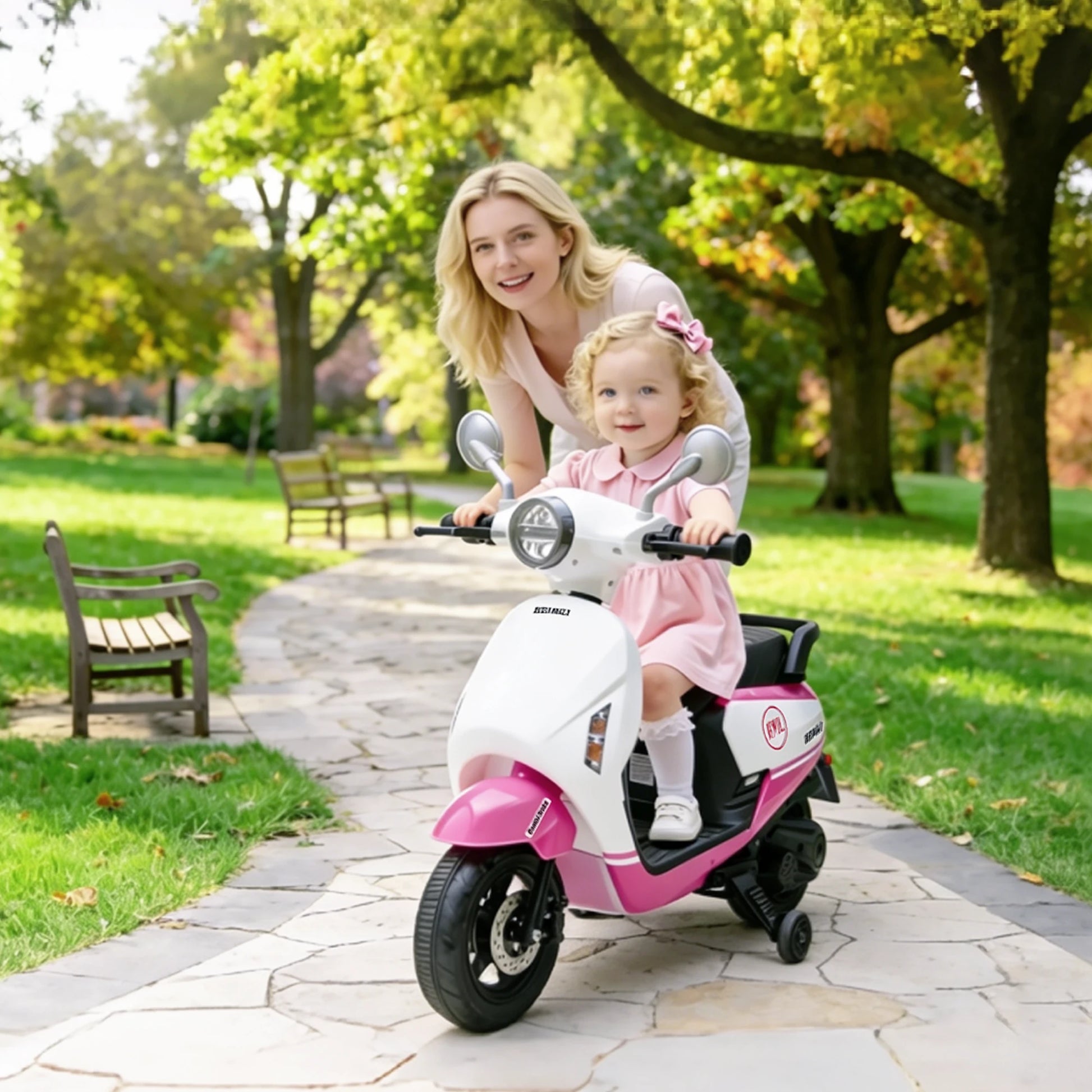 Heimili pink 6V kids electric scooter motorcycle with training wheels for toddlers under 3