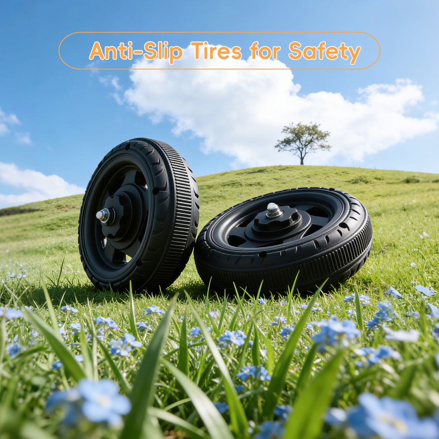 Detail view of high-traction anti-slip tires on Heimili 6V kids electric motorcycle for safe indoor and outdoor riding
