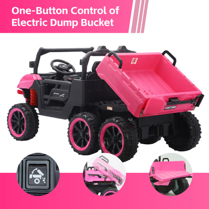 A pink HEIMILI 6-wheel electric ride-on dump truck featuring a one-button control electric dump bucket, showing the bucket tilting for realistic construction play.