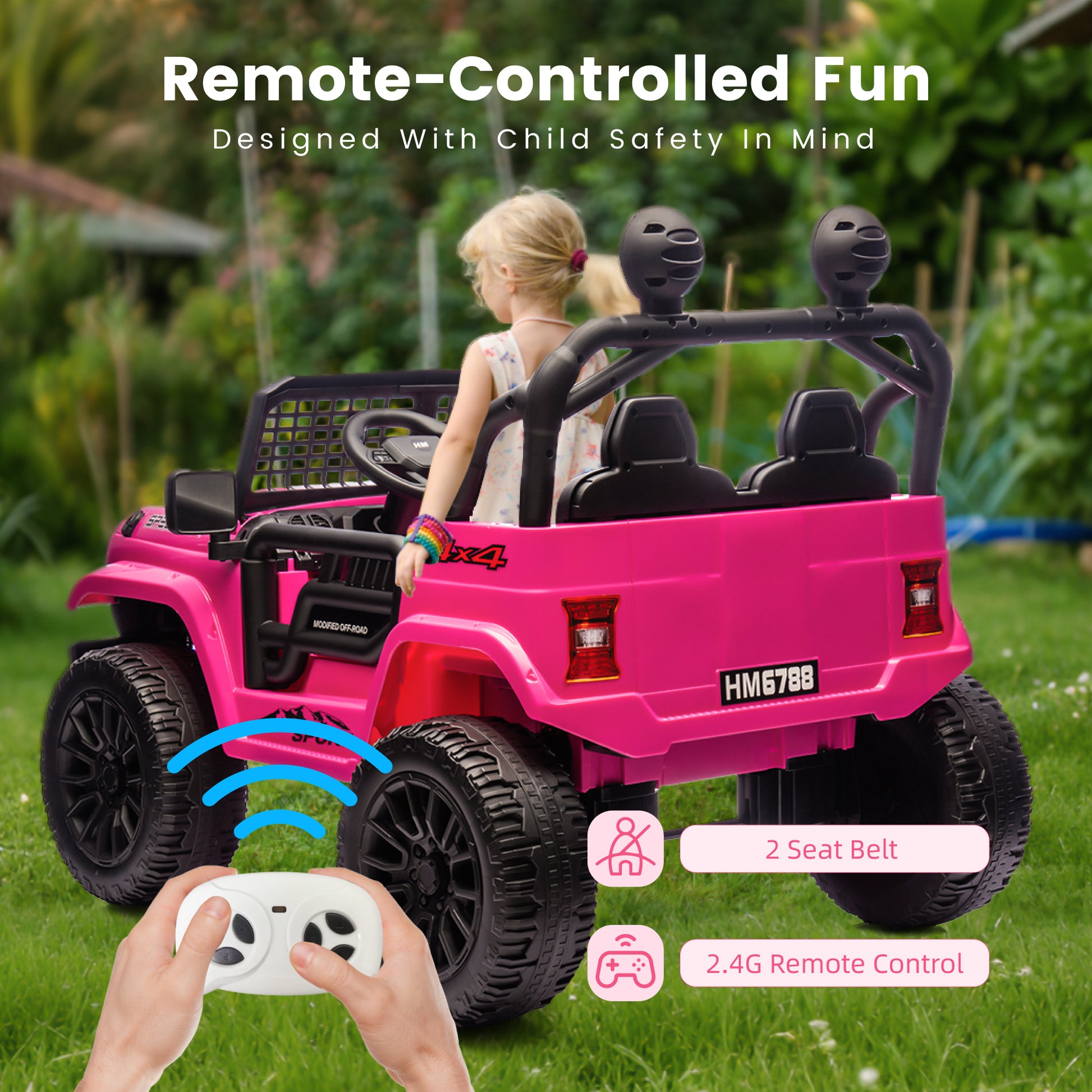 Rear view of a pink HEIMILI HM-6788 ride-on jeep in a garden, highlighting the 2.4G parental remote control feature and two built-in seat belts for maximum child safety.