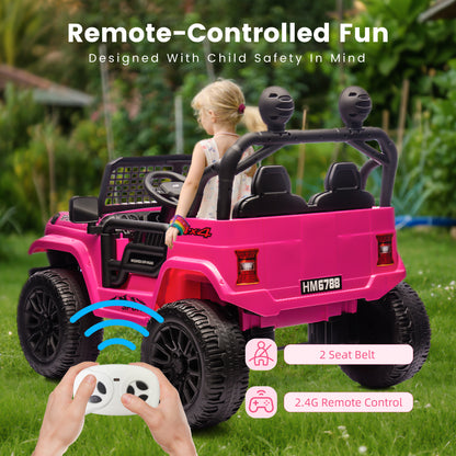 Rear view of a pink HEIMILI HM-6788 ride-on jeep in a garden, highlighting the 2.4G parental remote control feature and two built-in seat belts for maximum child safety.
