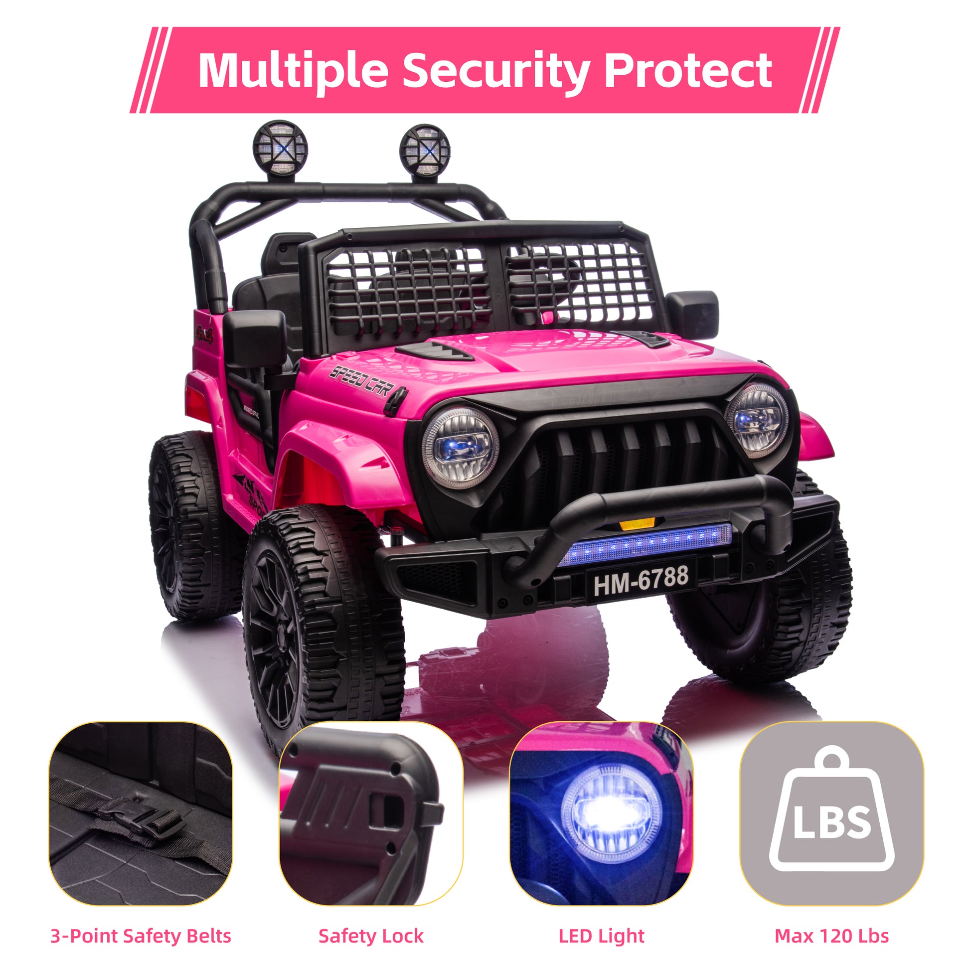 Detailed safety features of the pink HEIMILI HM-6788 kids jeep: including 3-point safety belts, secure door safety locks, bright LED headlights, and a maximum weight capacity of 120 lbs.