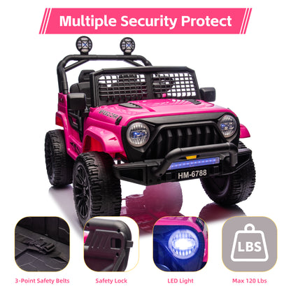 Detailed safety features of the pink HEIMILI HM-6788 kids jeep: including 3-point safety belts, secure door safety locks, bright LED headlights, and a maximum weight capacity of 120 lbs.