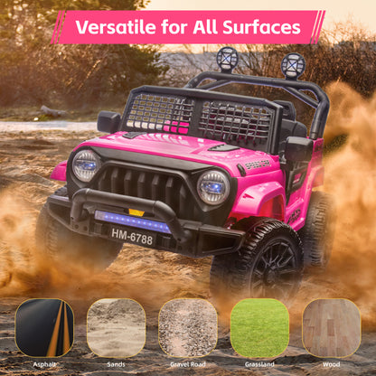 Pink HEIMILI HM-6788 kids electric jeep driving through dust, showcasing its versatile 4WD performance on all surfaces including asphalt, sands, gravel road, grassland, and wood floors.