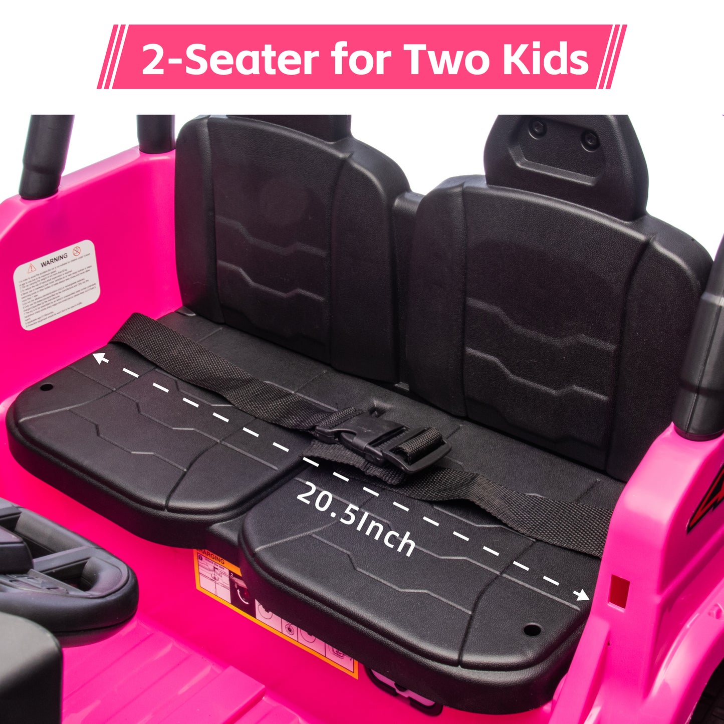 Interior view of the pink HEIMILI HM-6788 electric jeep featuring a spacious 20.5-inch wide two-seater bench with a safety belt, designed to comfortably fit two children ages 3-8.