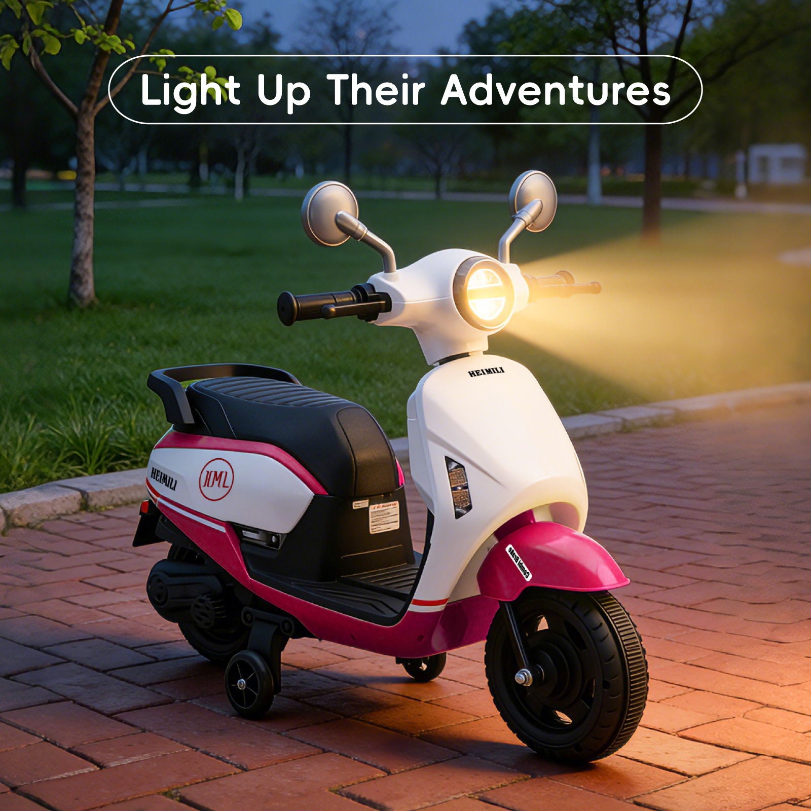 Realistic bright LED headlights on Heimili kids electric motorcycle for safe indoor and outdoor play