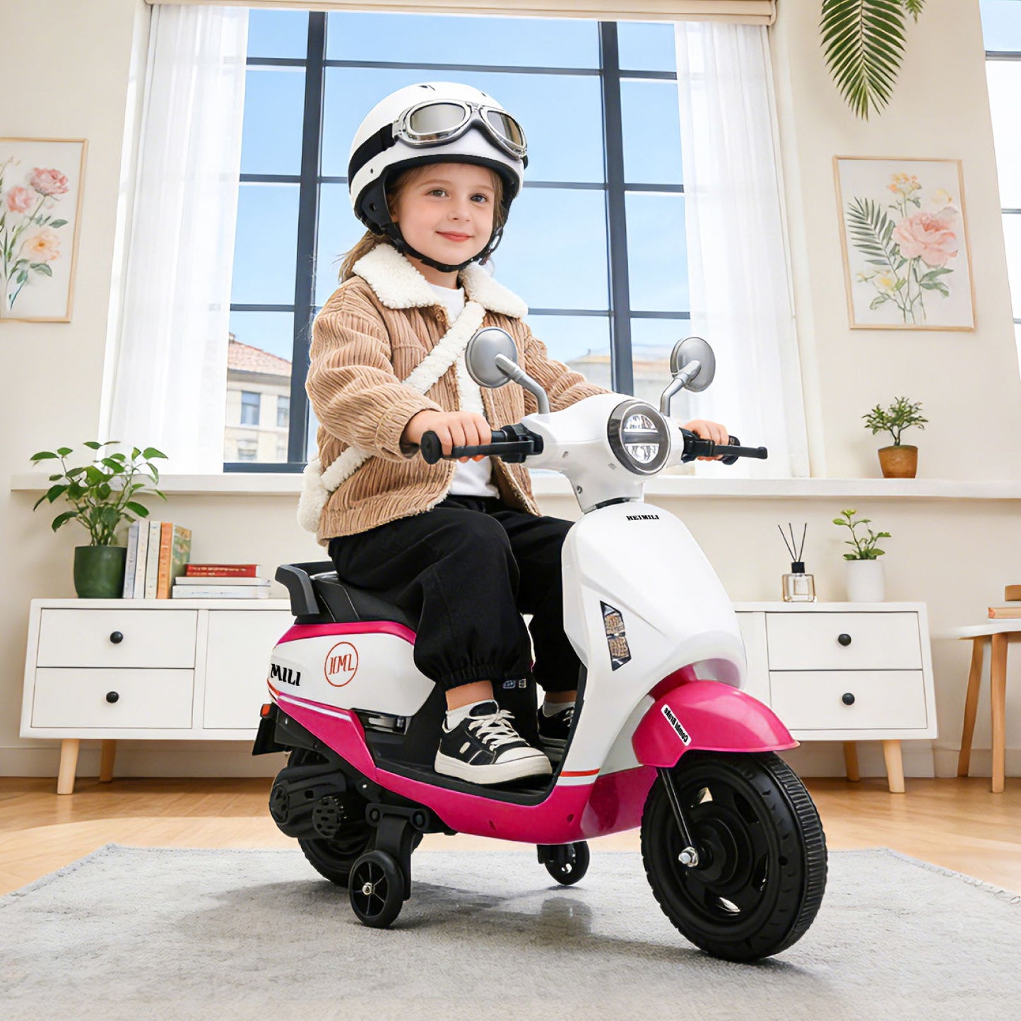 Young child riding Heimili white and pink 6V electric motorcycle in a cozy home setting