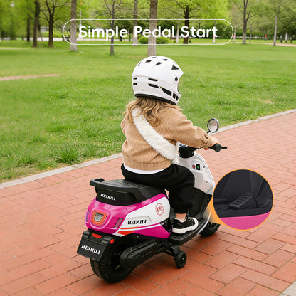 Detail of simple foot pedal start and stable training wheels on Heimili 6V ride-on motorcycle