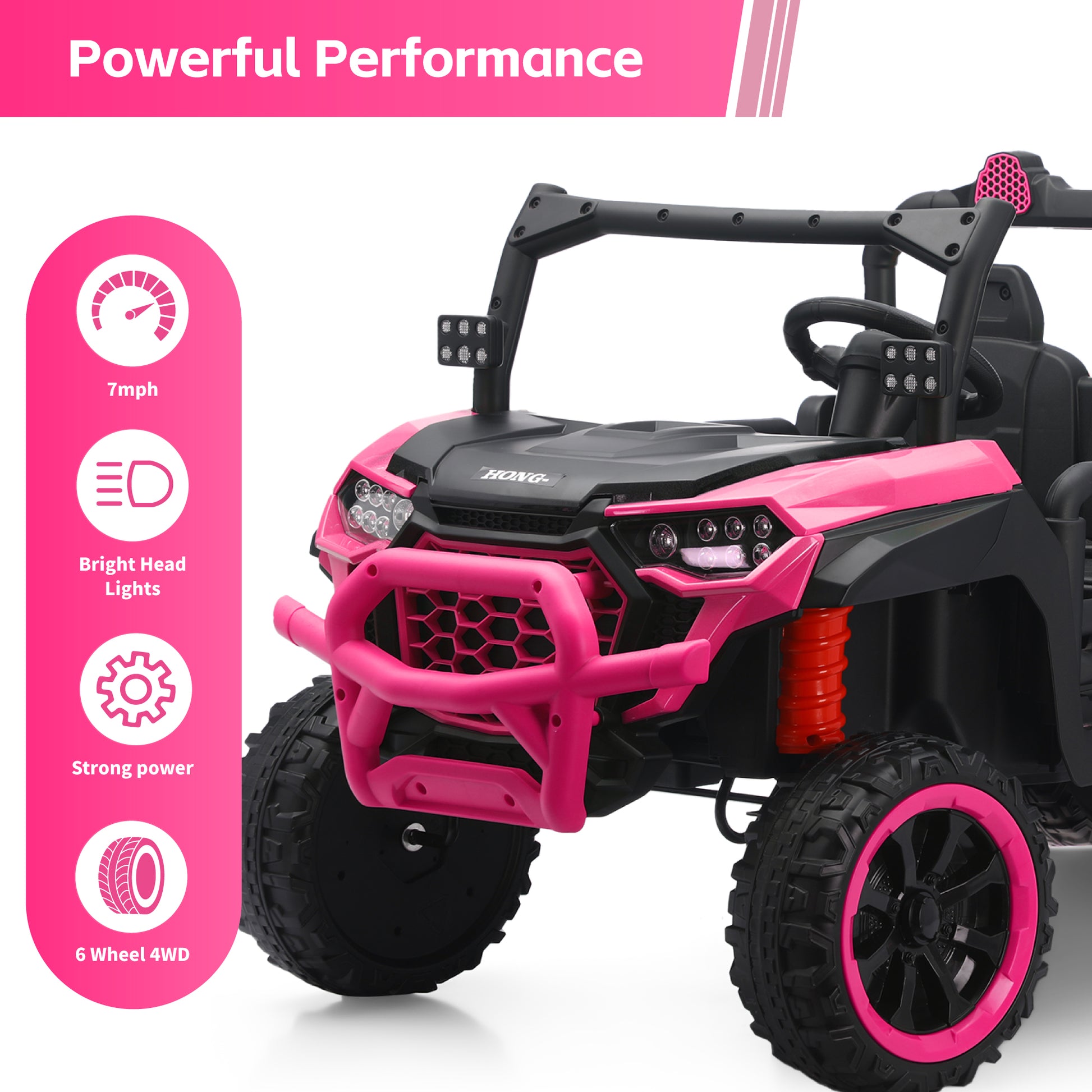 Close-up of a pink HEIMILI 6-wheel 4WD ride-on truck showing powerful performance features: 7mph top speed, bright LED headlights, and strong motor power for off-road play.