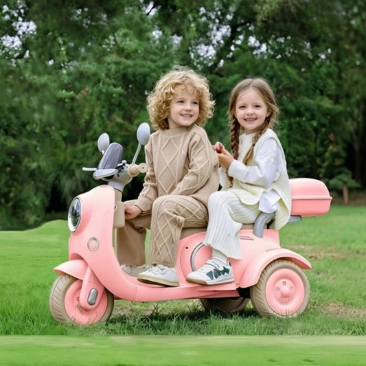 Main cover of pink modern design kids tricycle featuring a vintage aesthetic, 12V power, and spacious double seats for two children.