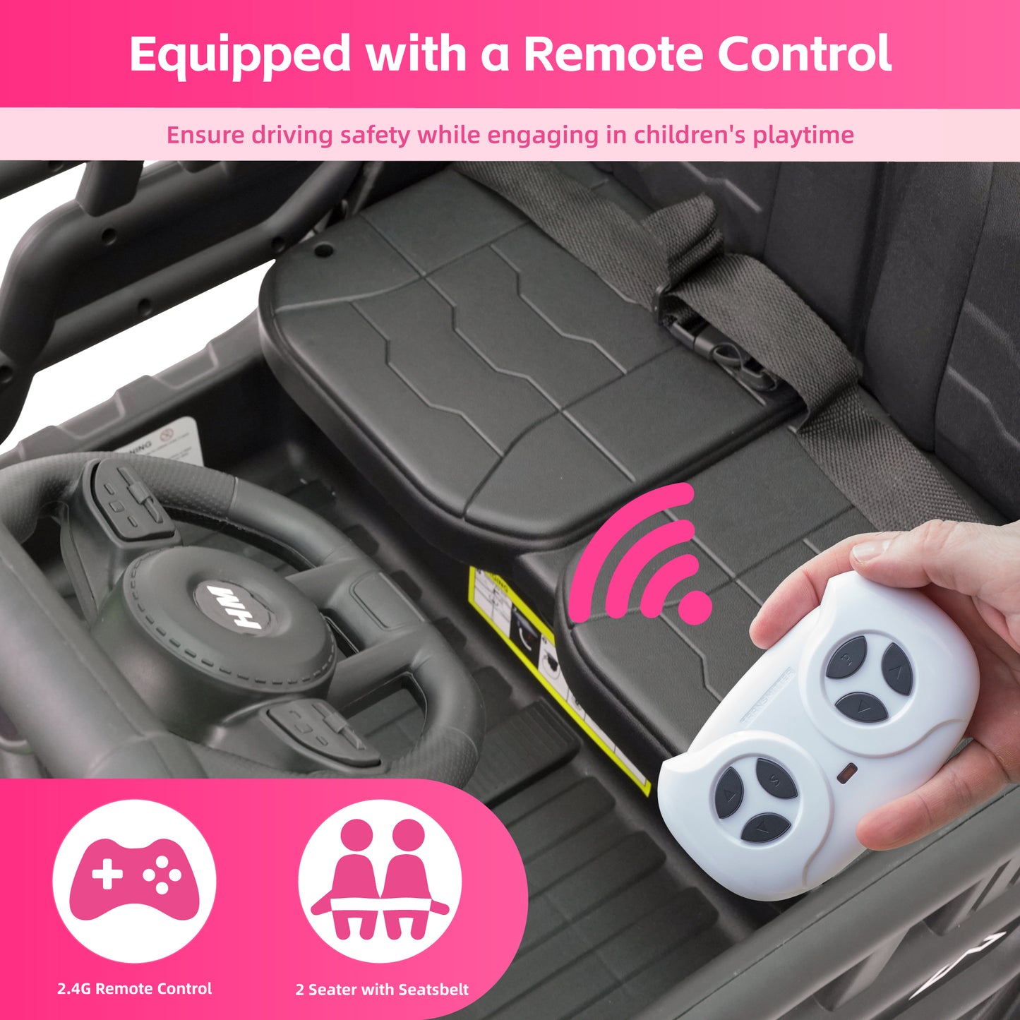 An adult hand holding a 2.4G parental remote control over the interior of a pink HEIMILI ride-on car, highlighting the two-seater design with adjustable seat belts for child safety.