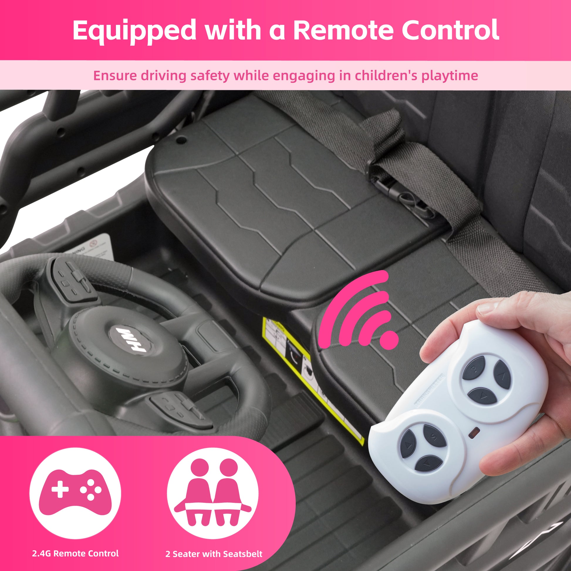 An adult hand holding a 2.4G parental remote control over the interior of a pink HEIMILI ride-on car, highlighting the two-seater design with adjustable seat belts for child safety.