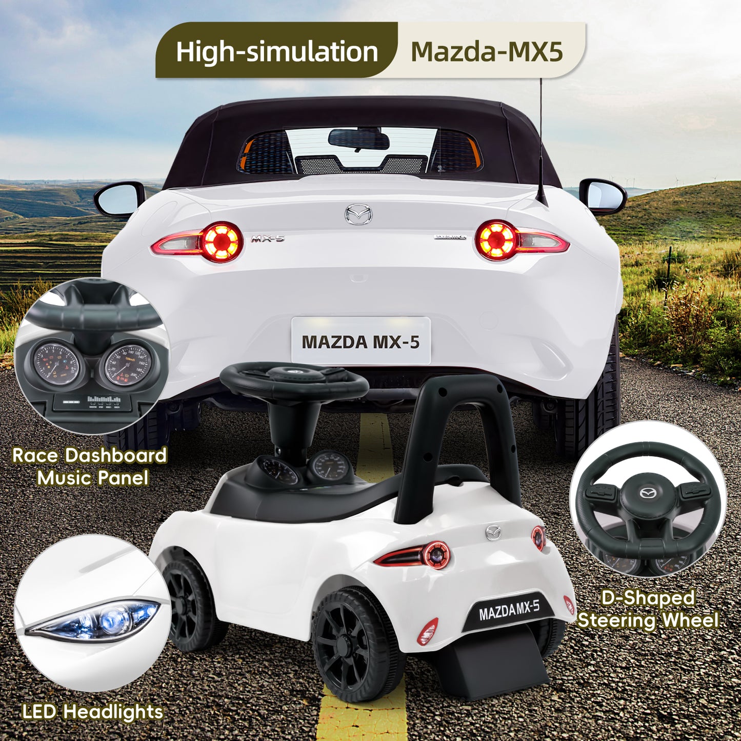 High-simulation Mazda MX-5 kids ride-on car featuring an authentic D-shaped steering wheel, realistic race dashboard music panel, and bright LED headlights, compared with the original Mazda vehicle for a true-to-life experience.