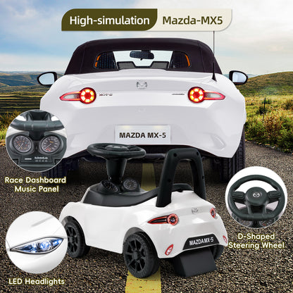 High-simulation Mazda MX-5 kids ride-on car featuring an authentic D-shaped steering wheel, realistic race dashboard music panel, and bright LED headlights, compared with the original Mazda vehicle for a true-to-life experience.