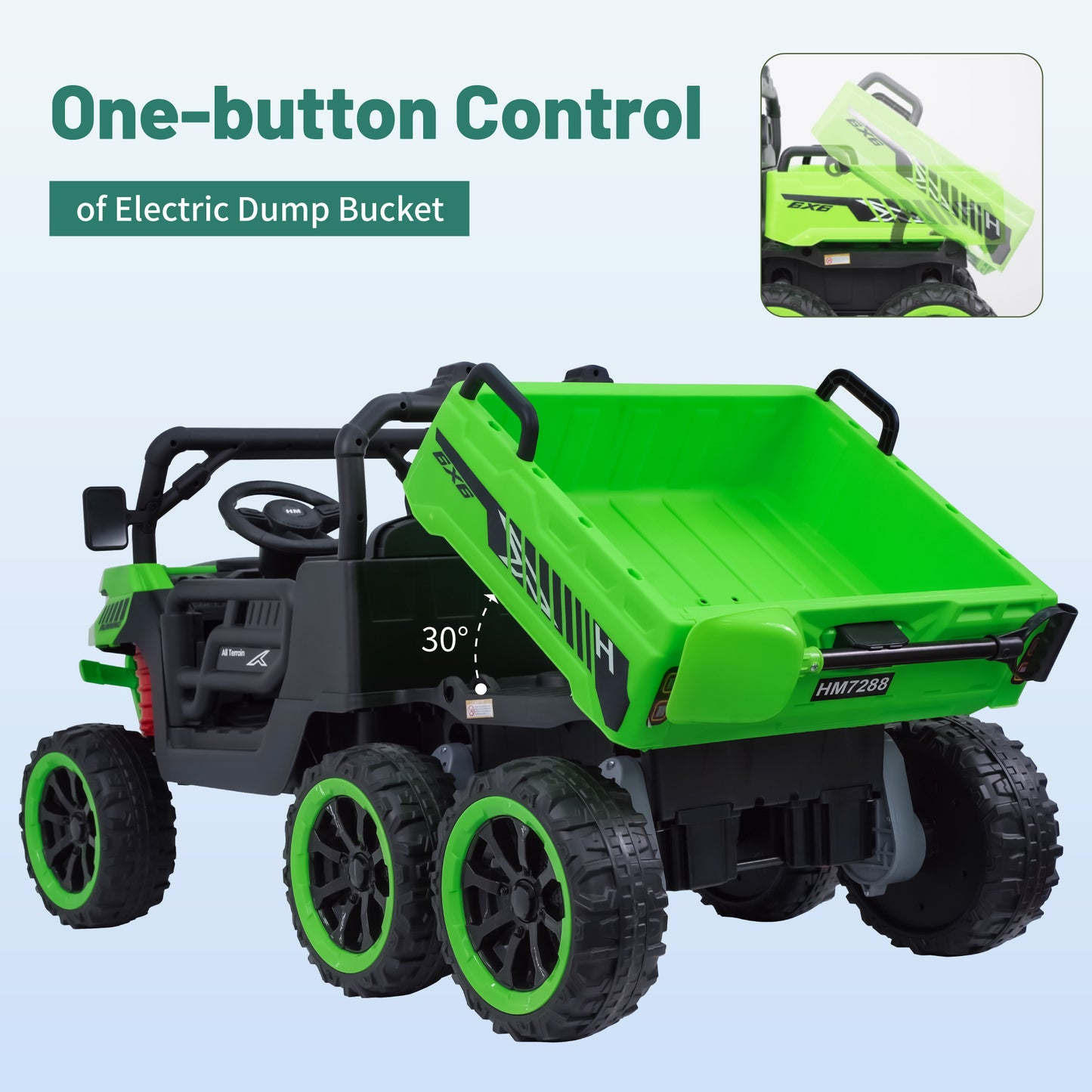 Detailed view of the interactive electric auto-lifting dump bed on a 24V kids Truck, showing 20 lbs hauling capacity for sand and toys.