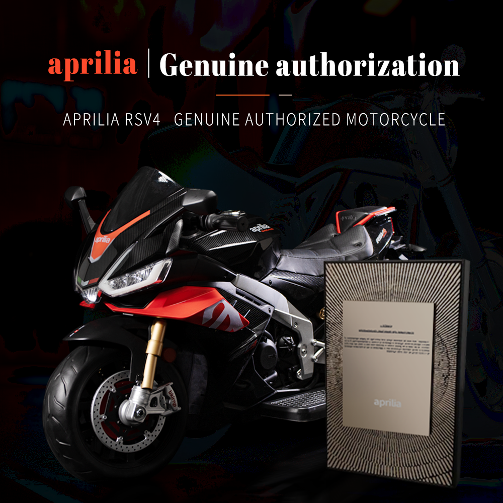Official genuine authorization certificate for Aprilia RSV4 kids electric ride-on motorcycle showing authenticity.