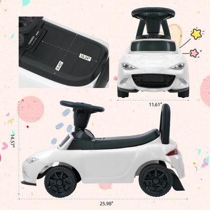 Detailed dimensions of the white Mazda MX-5 kids push car: 25.98 inches in length, 14.57 inches in height, and 11.61 inches in width. The seat measures 10.24 by 9.45 inches, perfect for toddlers under 3
