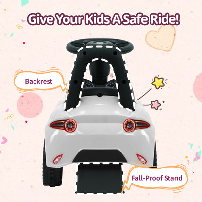 Rear view of the Mazda MX-5 kids push car highlighting the comfortable backrest and anti-tip fall-proof stand, designed to prevent toddlers from flipping backward while learning to walk and ride.