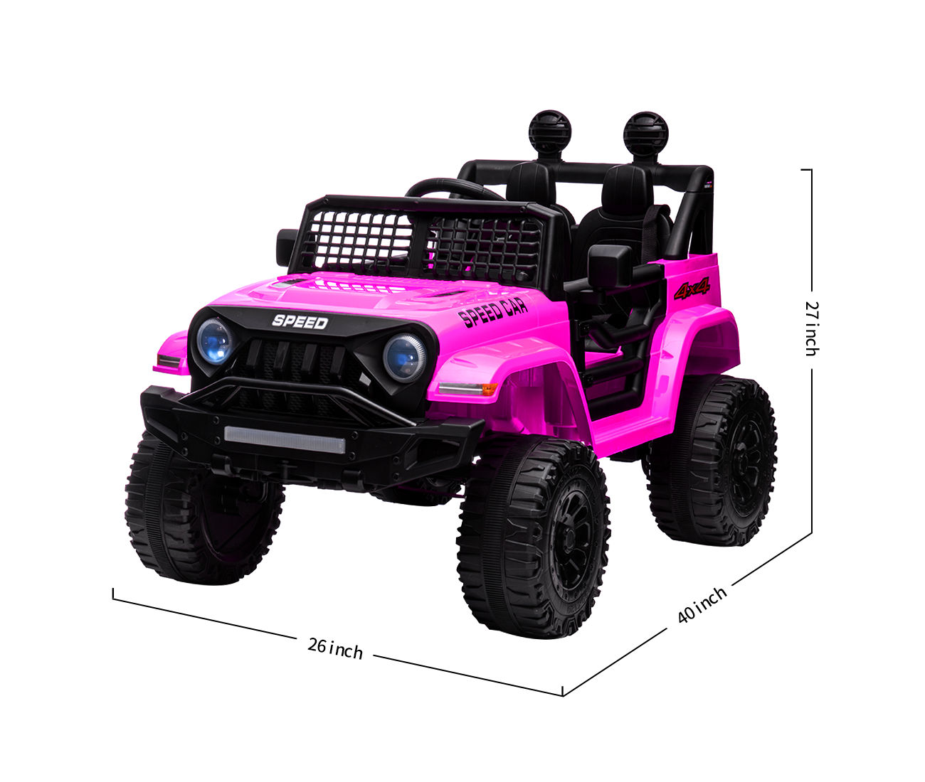 Product size data for the pink kids car: 37.8 inches Length, 22.8 inches Width, and 23.6 inches Height.