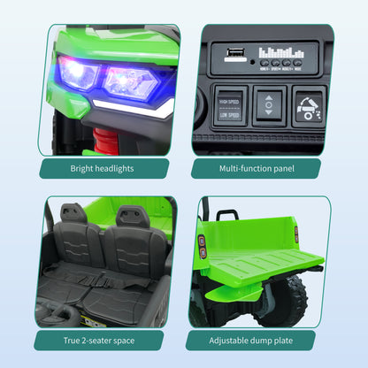 Interior of 24V 2-seater kids electric truck featuring a 20-inch wide seat with adjustable safety belts for siblings or friends to share.